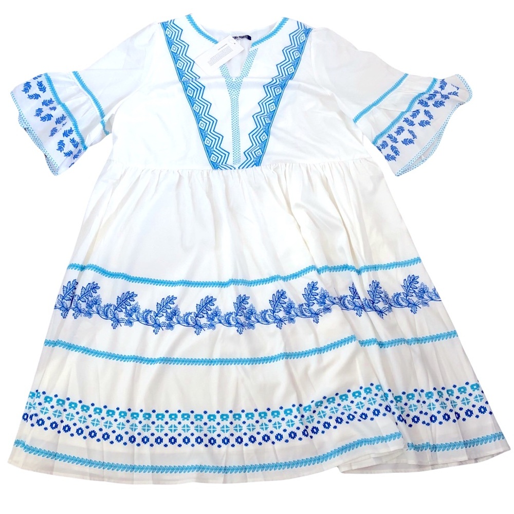 BloomChic White Bell Sleeve Dress with Blue Patterns NWT 22-24